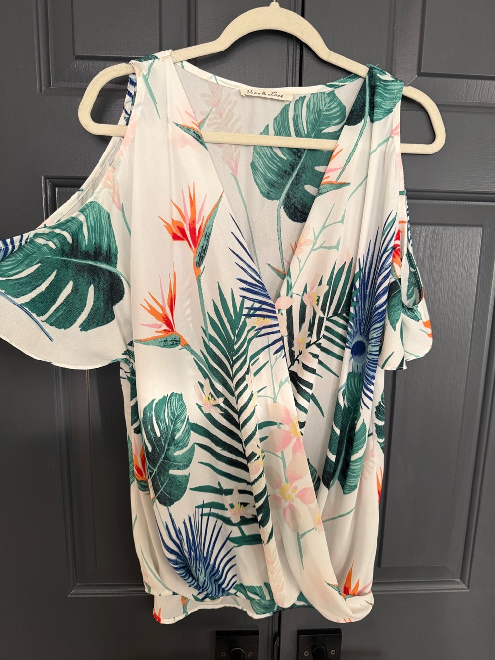 Tropical Cold-Shoulder Wrap Blouse - White/Green